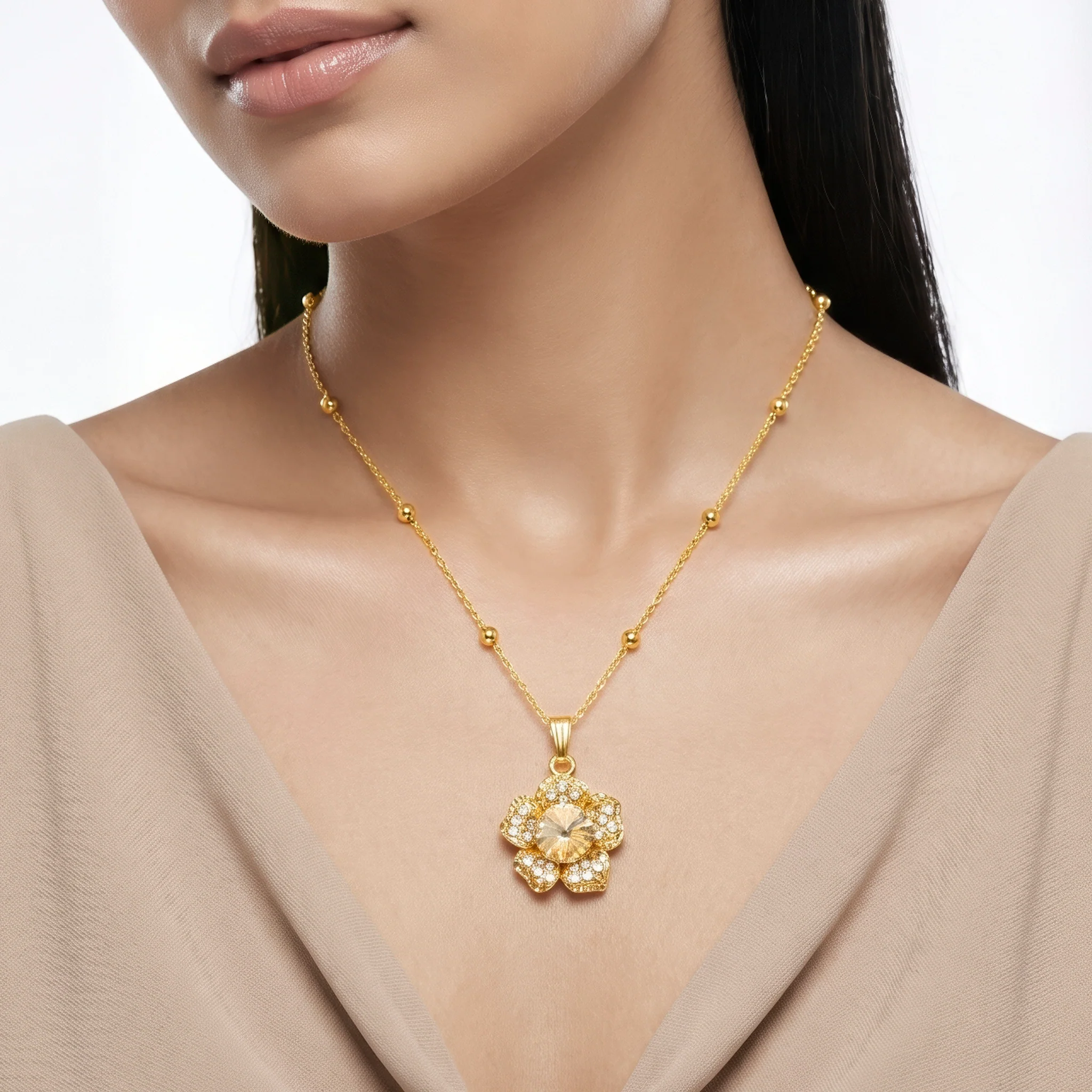 PRAO Necklace Anti-Tarnish Champagne Crystal Flower Minimalist Pendant - Image 3