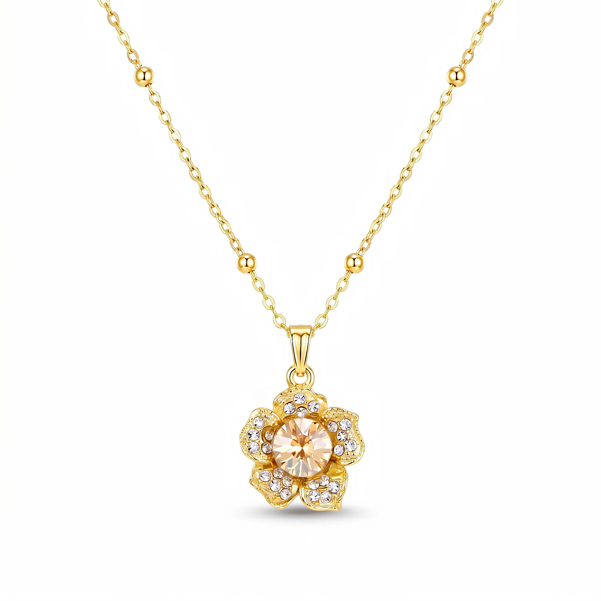 PRAO Necklace Anti-Tarnish Champagne Crystal Flower Minimalist Pendant - Image 4