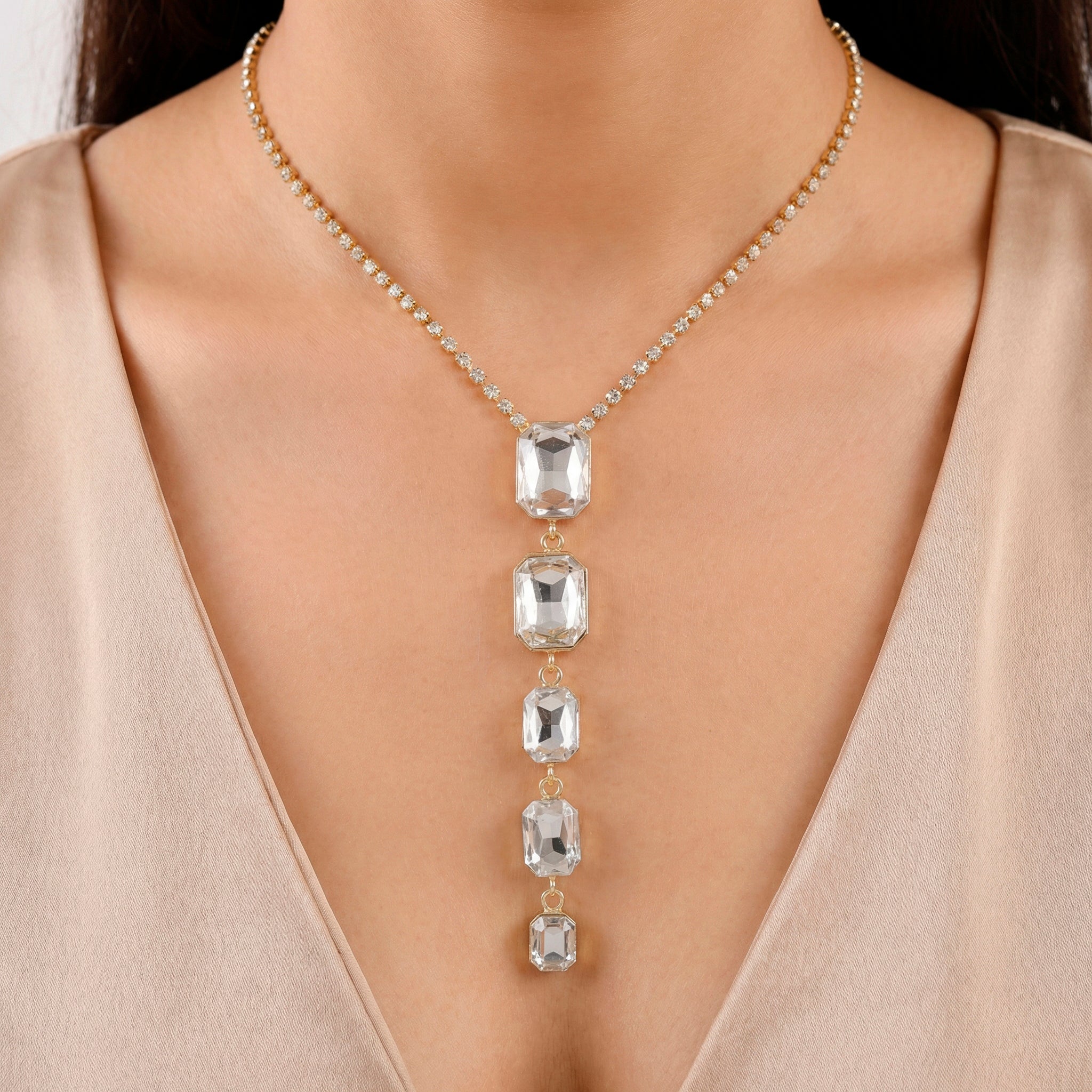PRAO Necklace Anti-Tarnish Long Crystal Pendant Set With Earrings - Image 2