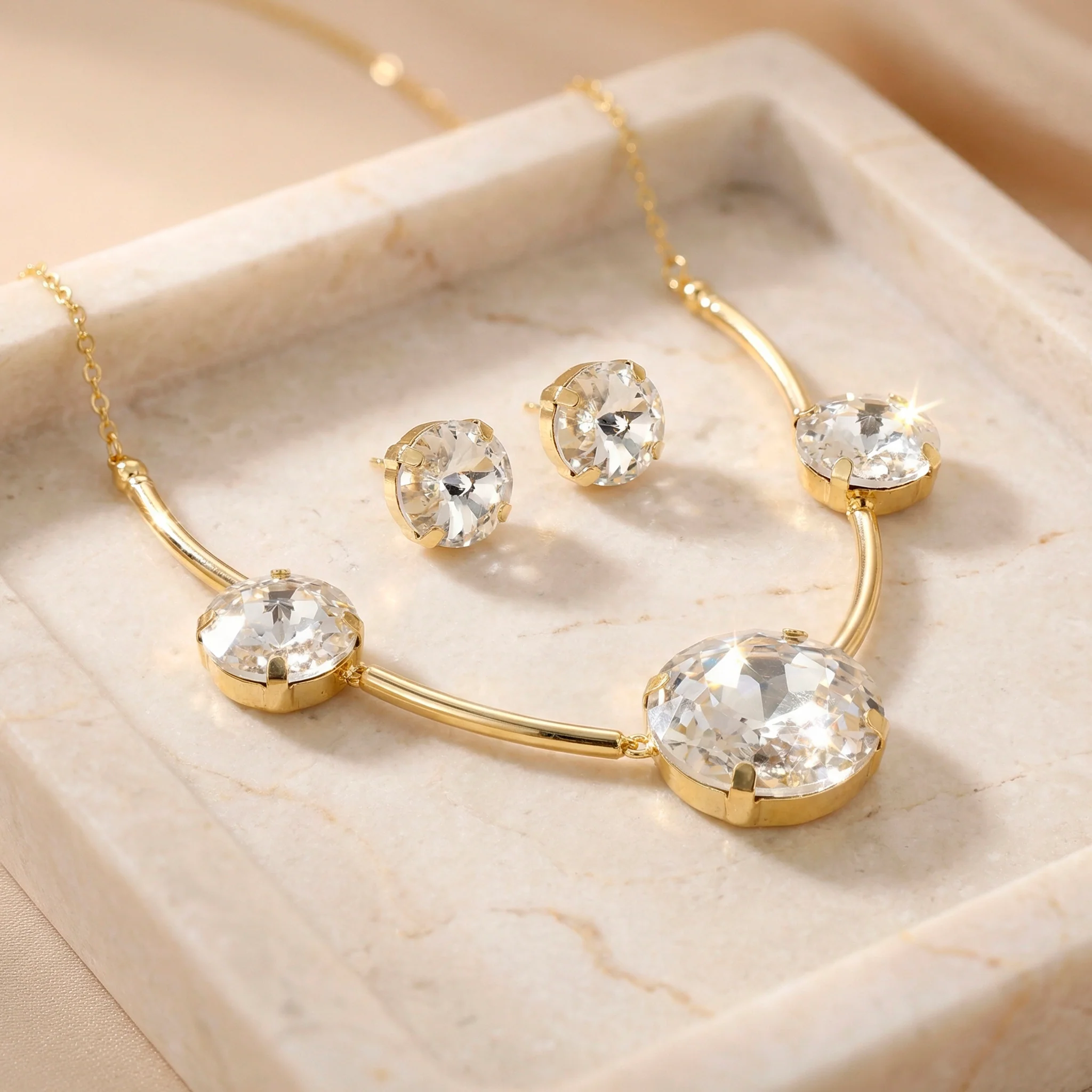 PRAO Necklace Anti-Tarnish Round Crystal Spaced Set With Earrings - Image 5