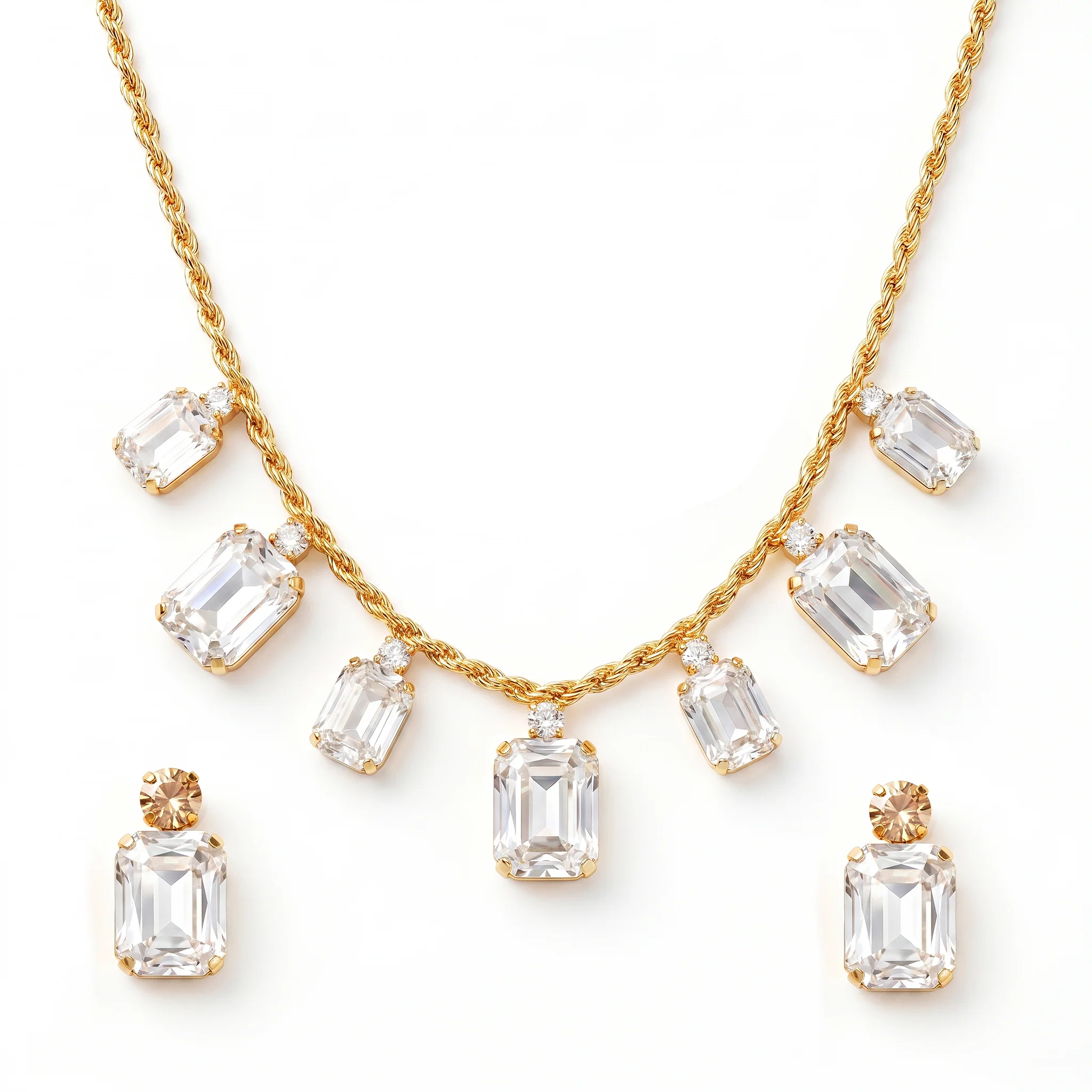PRAO Necklace Anti-Tarnish Rectangle Crystals Statement Set With Earrings