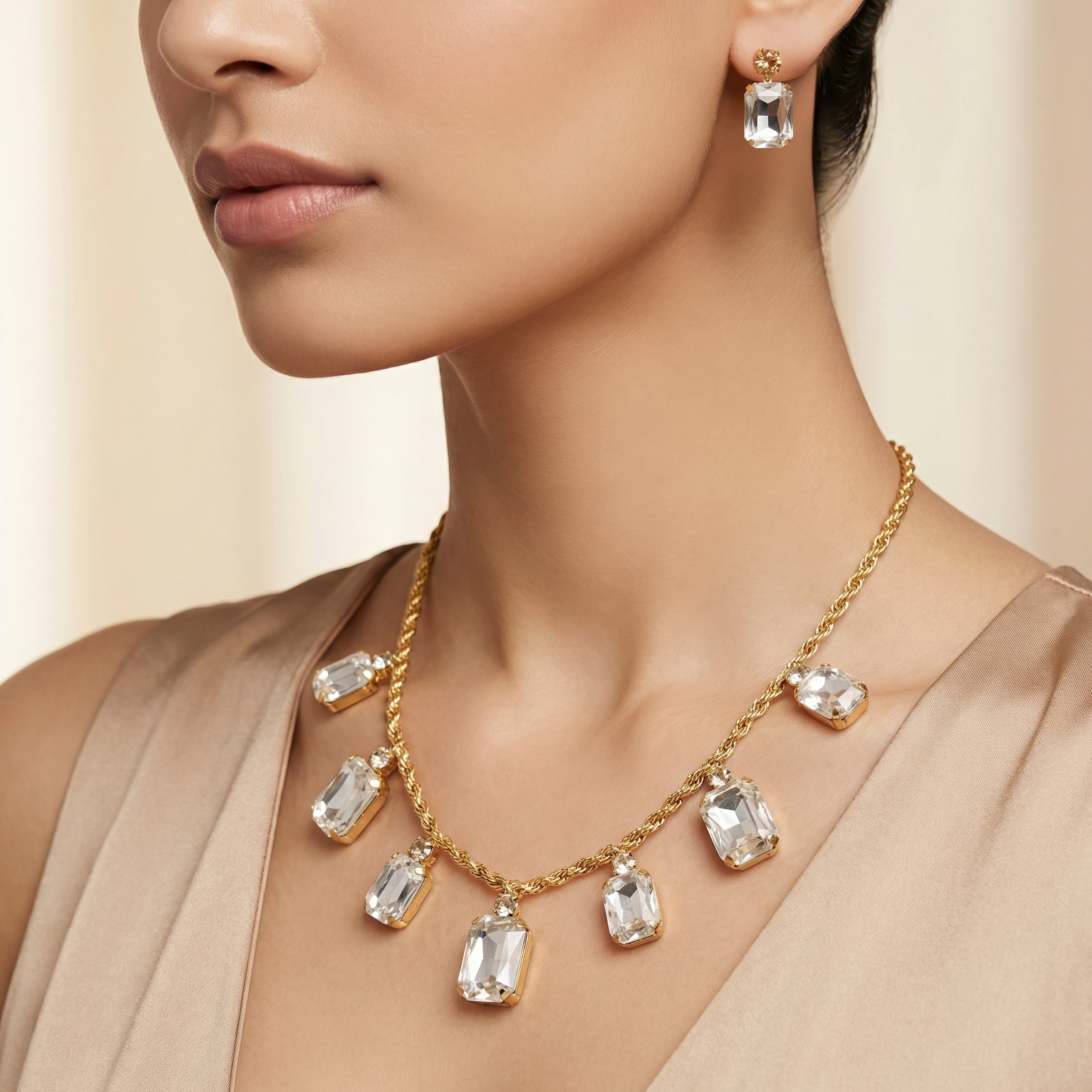 PRAO Necklace Anti-Tarnish Rectangle Crystals Statement Set With Earrings - Image 2