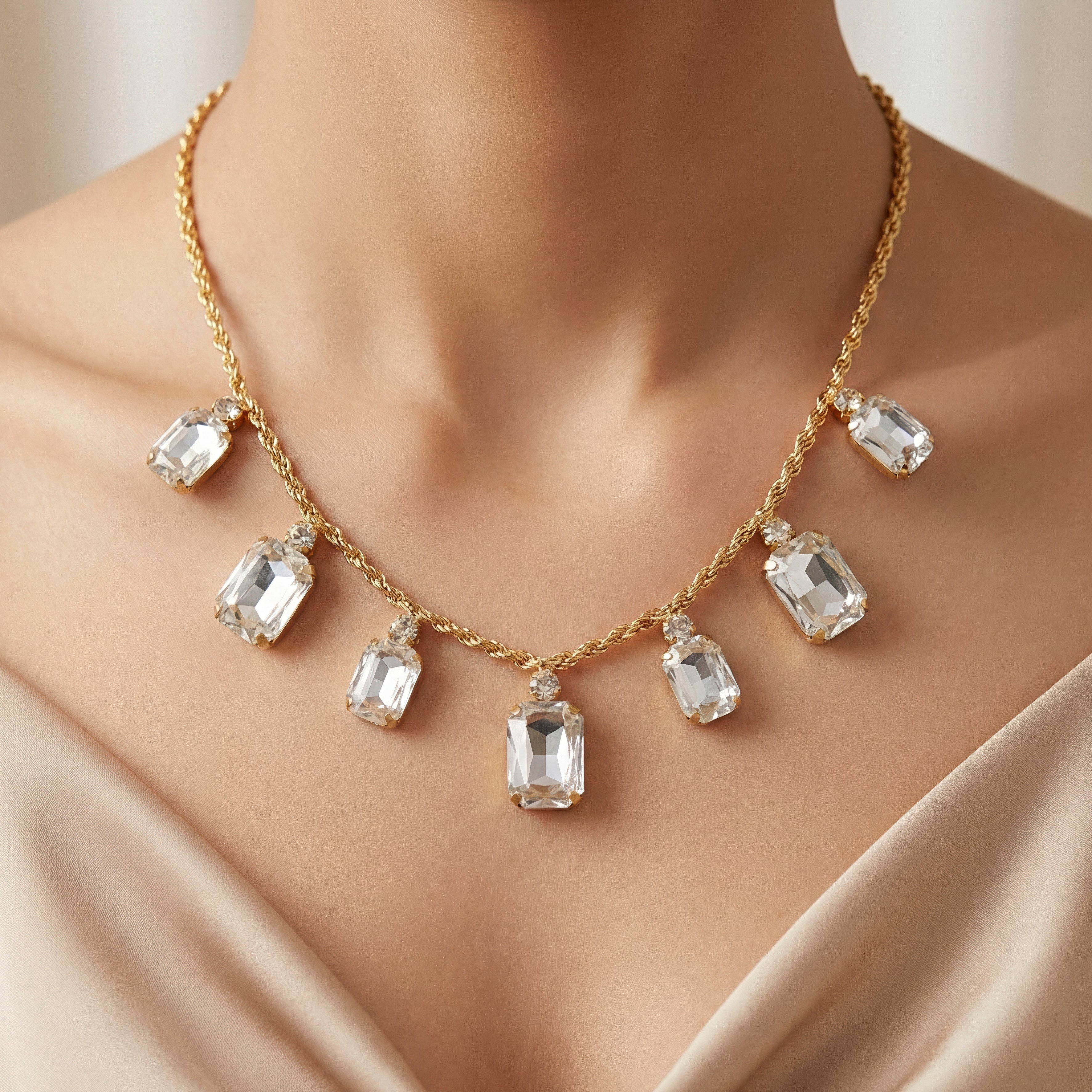 PRAO Necklace Anti-Tarnish Rectangle Crystals Statement Set With Earrings - Image 3
