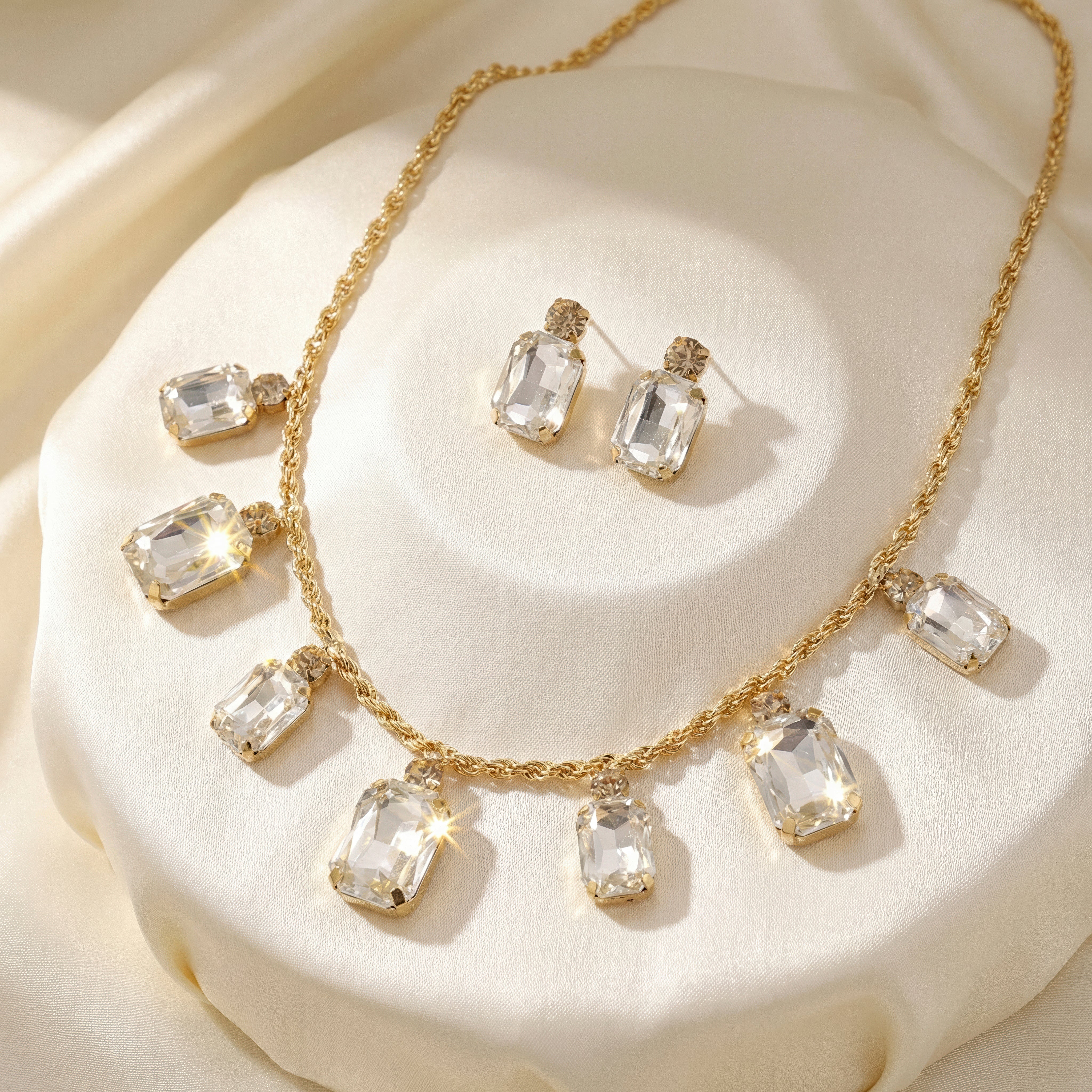 PRAO Necklace Anti-Tarnish Rectangle Crystals Statement Set With Earrings - Image 5