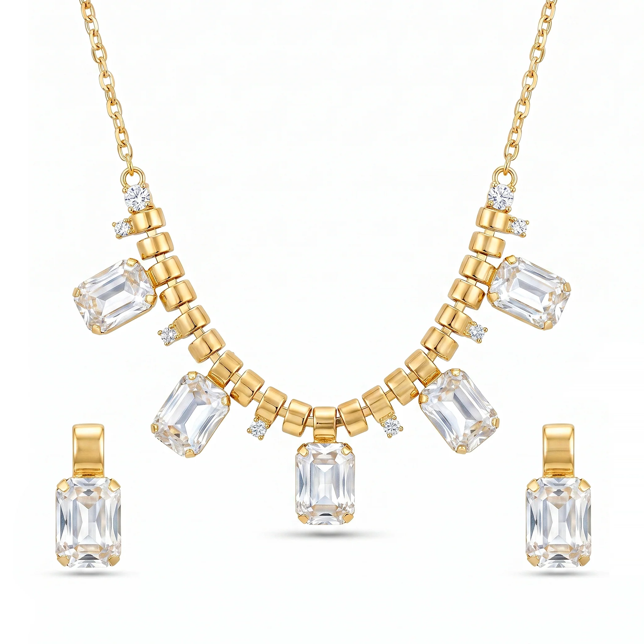PRAO Necklace Anti-Tarnish Rectangle Crystal Charms Set With Earrings