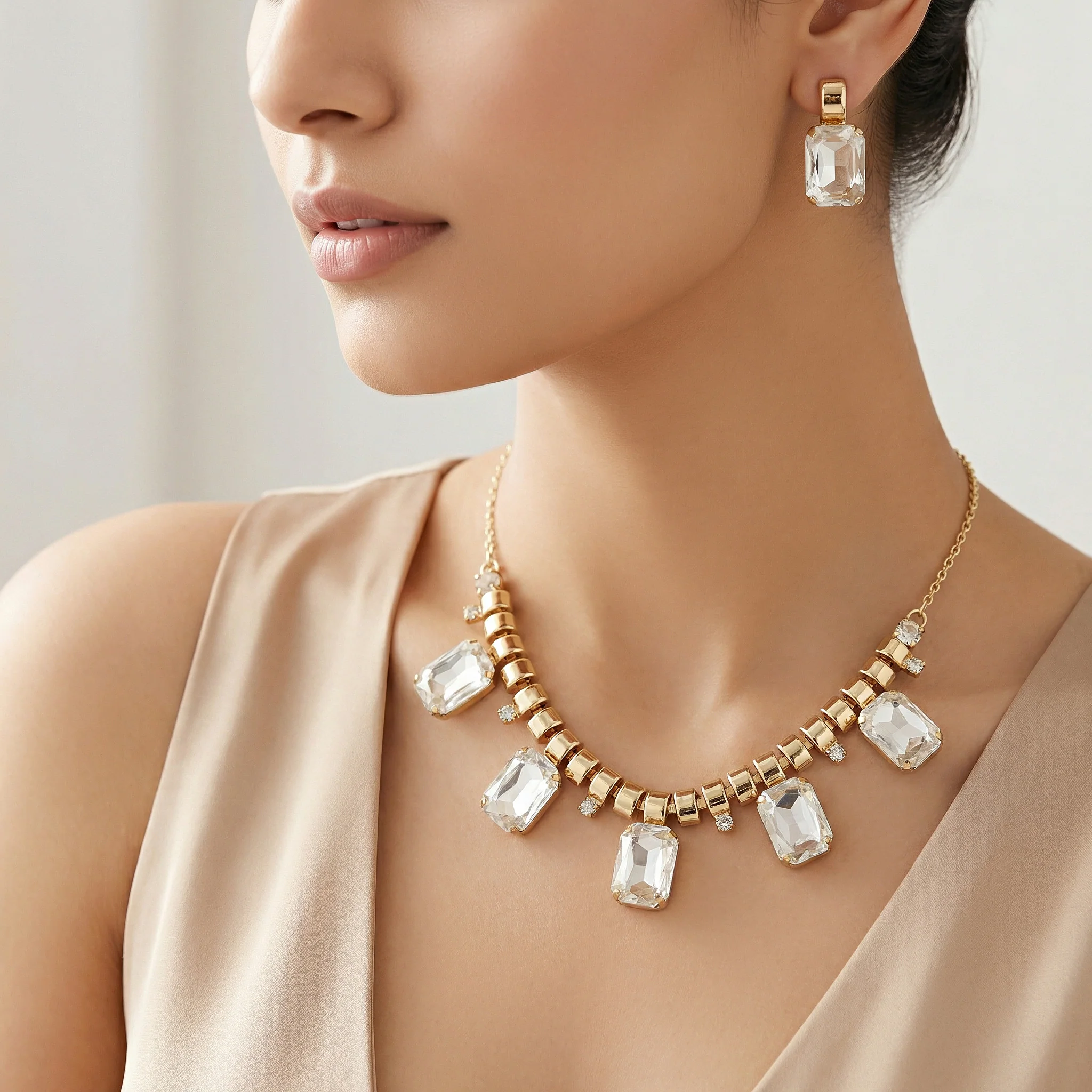 PRAO Necklace Anti-Tarnish Rectangle Crystal Charms Set With Earrings - Image 2
