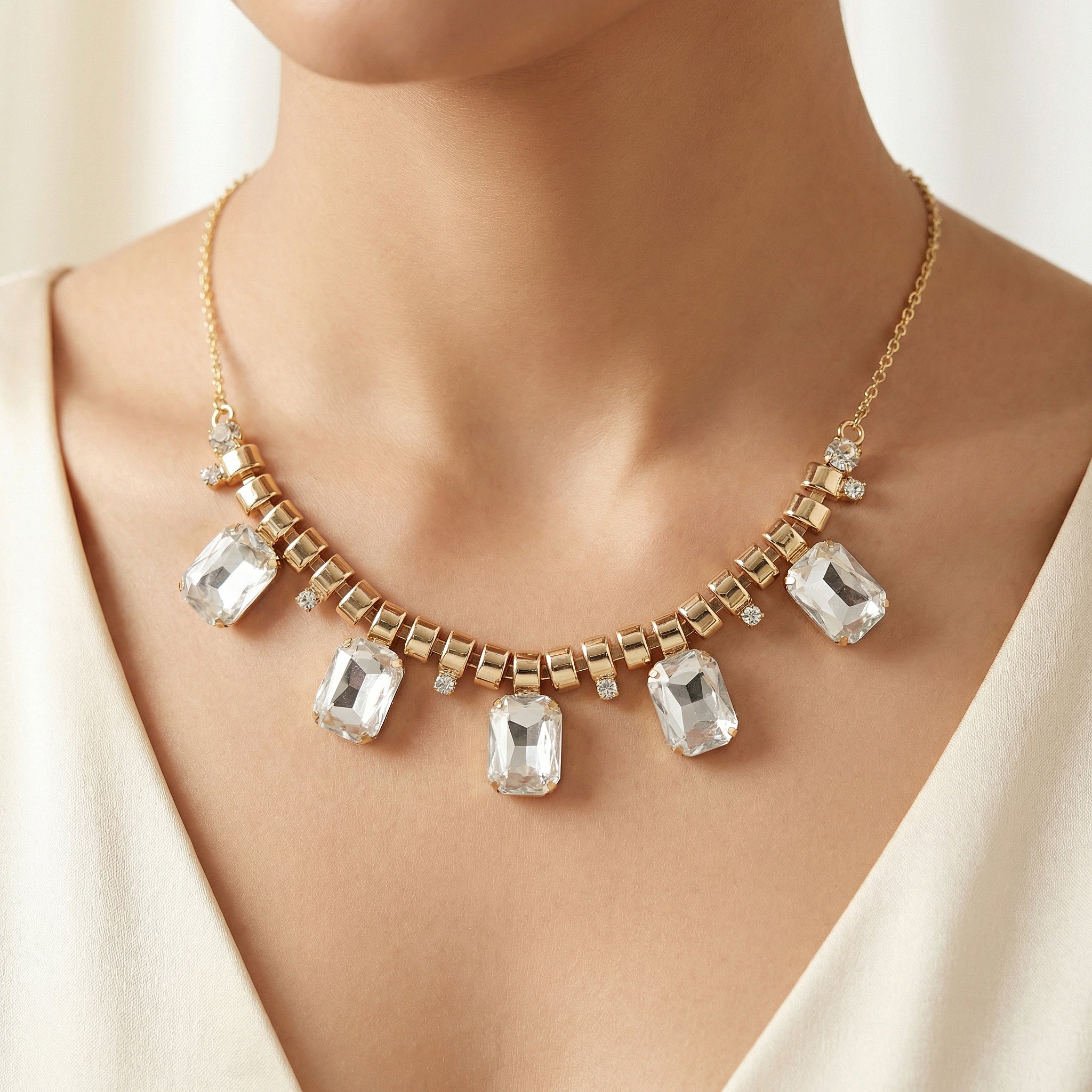 PRAO Necklace Anti-Tarnish Rectangle Crystal Charms Set With Earrings - Image 3