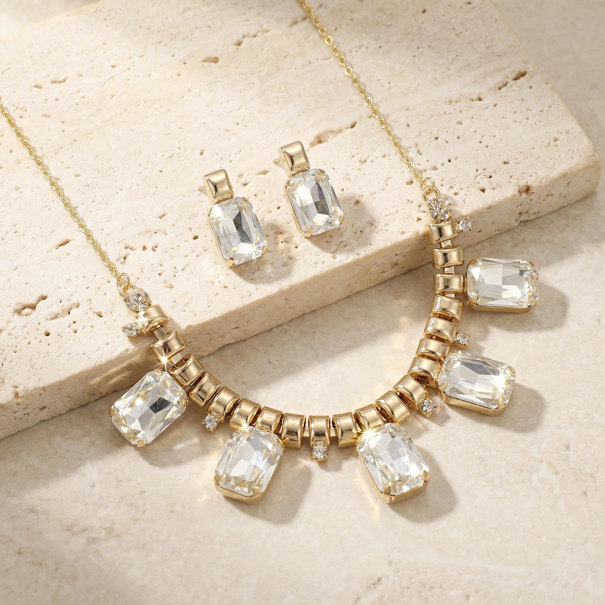 PRAO Necklace Anti-Tarnish Rectangle Crystal Charms Set With Earrings - Image 5