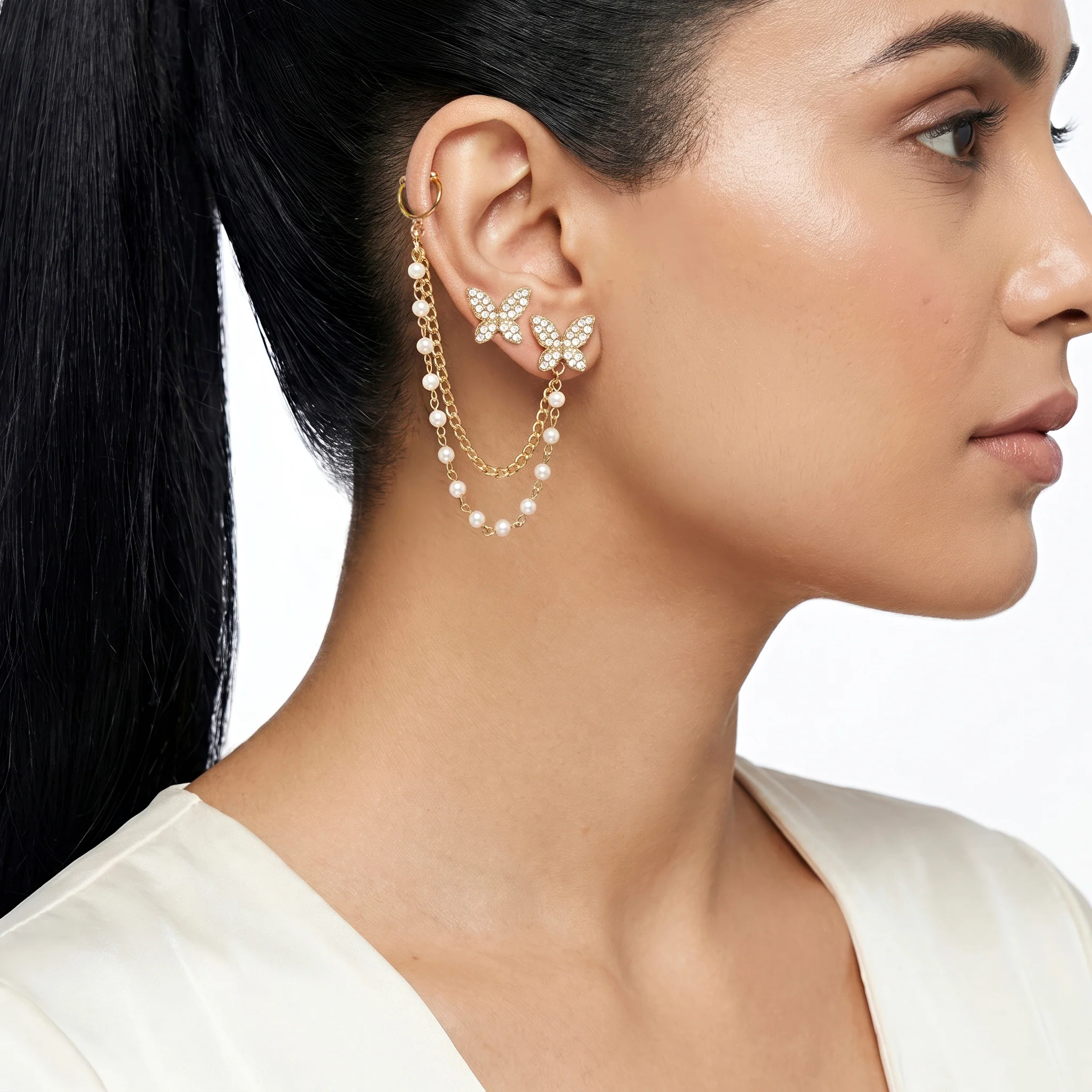 PRAO Earrings Anti-Tarnish Mismatch Butterfly Pearl Studs - Image 4