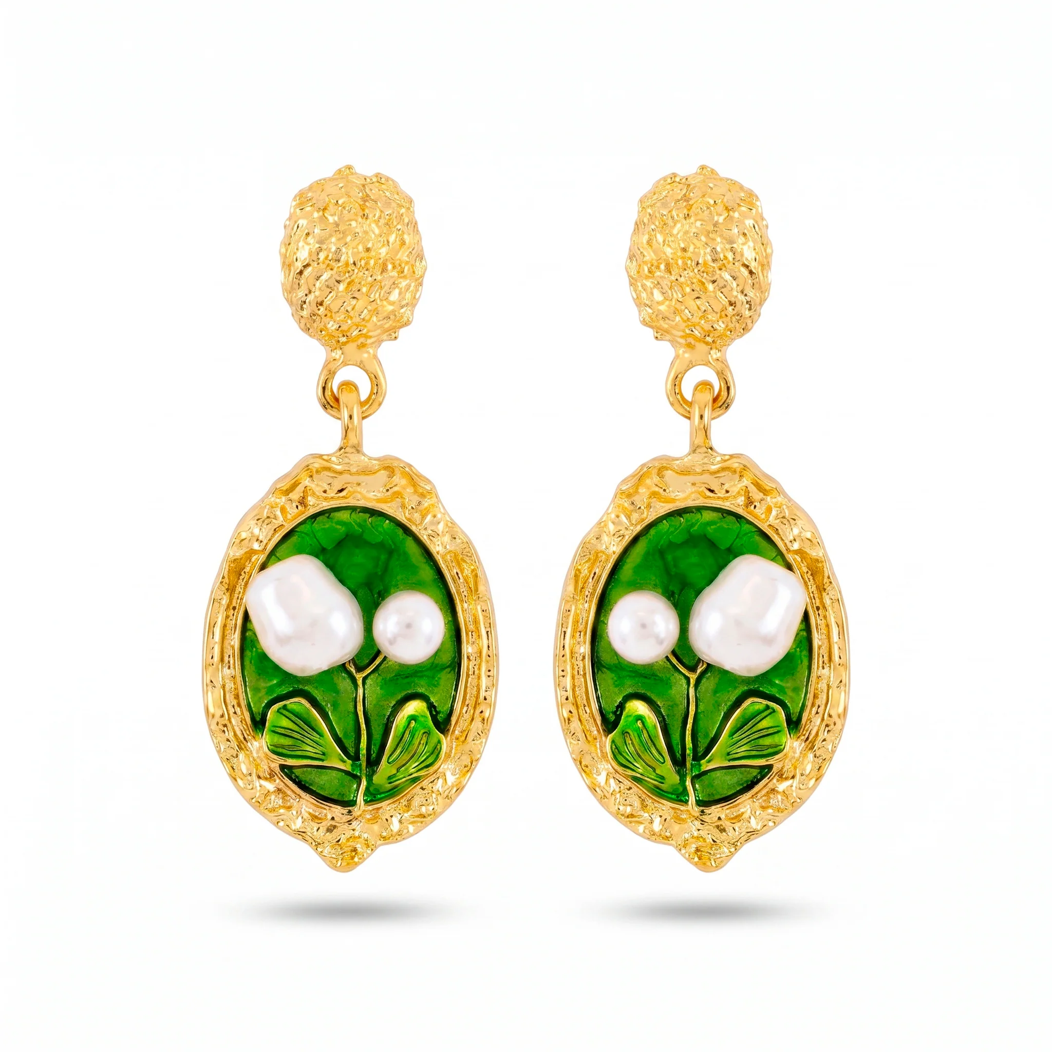 PRAO Earrings Anti-Tarnish Green Leaf Pearl Dangles - Image 2