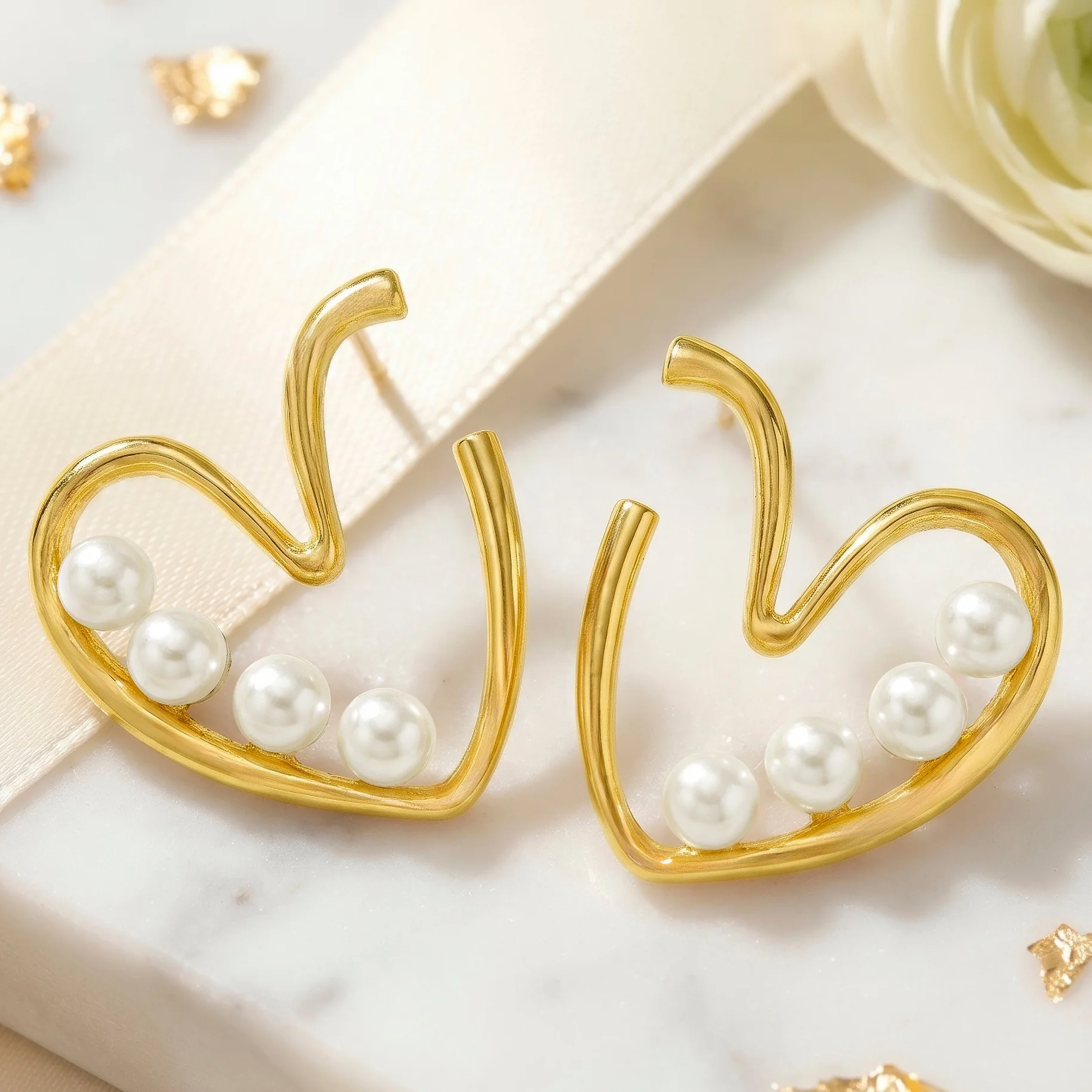 PRAO Earrings Anti-Tarnish Abstract Heart with Faux Pearl - Image 2