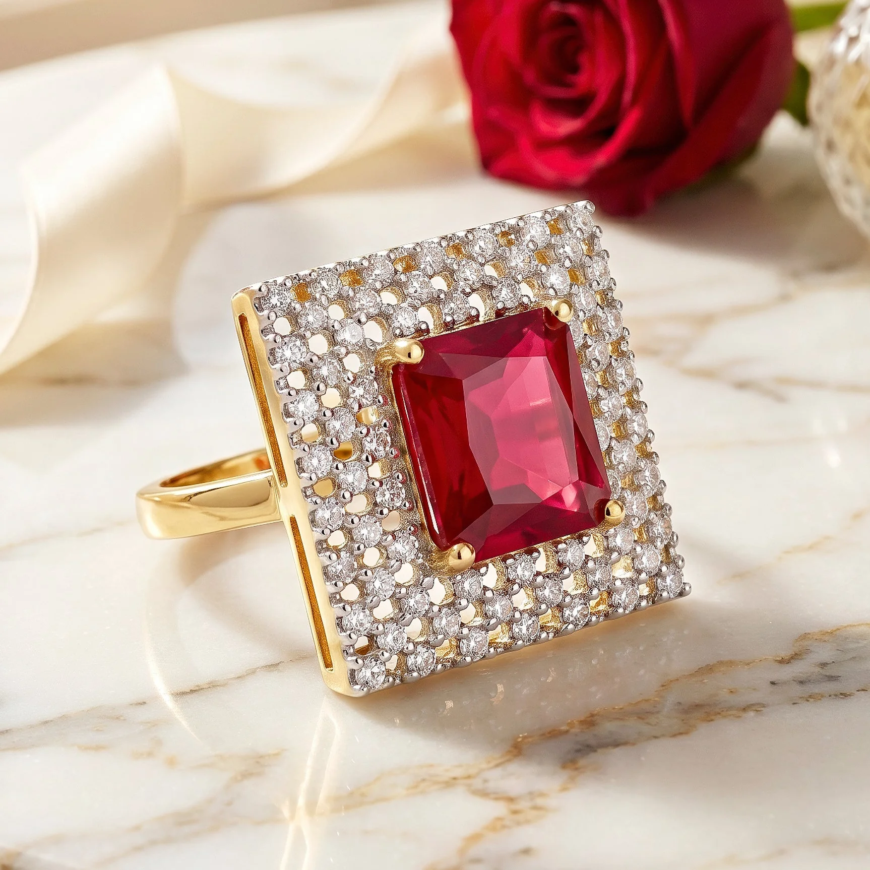 PRAO Ring Anti-Tarnish Ruby Crystal Statement (Adjustable Size) - Image 2
