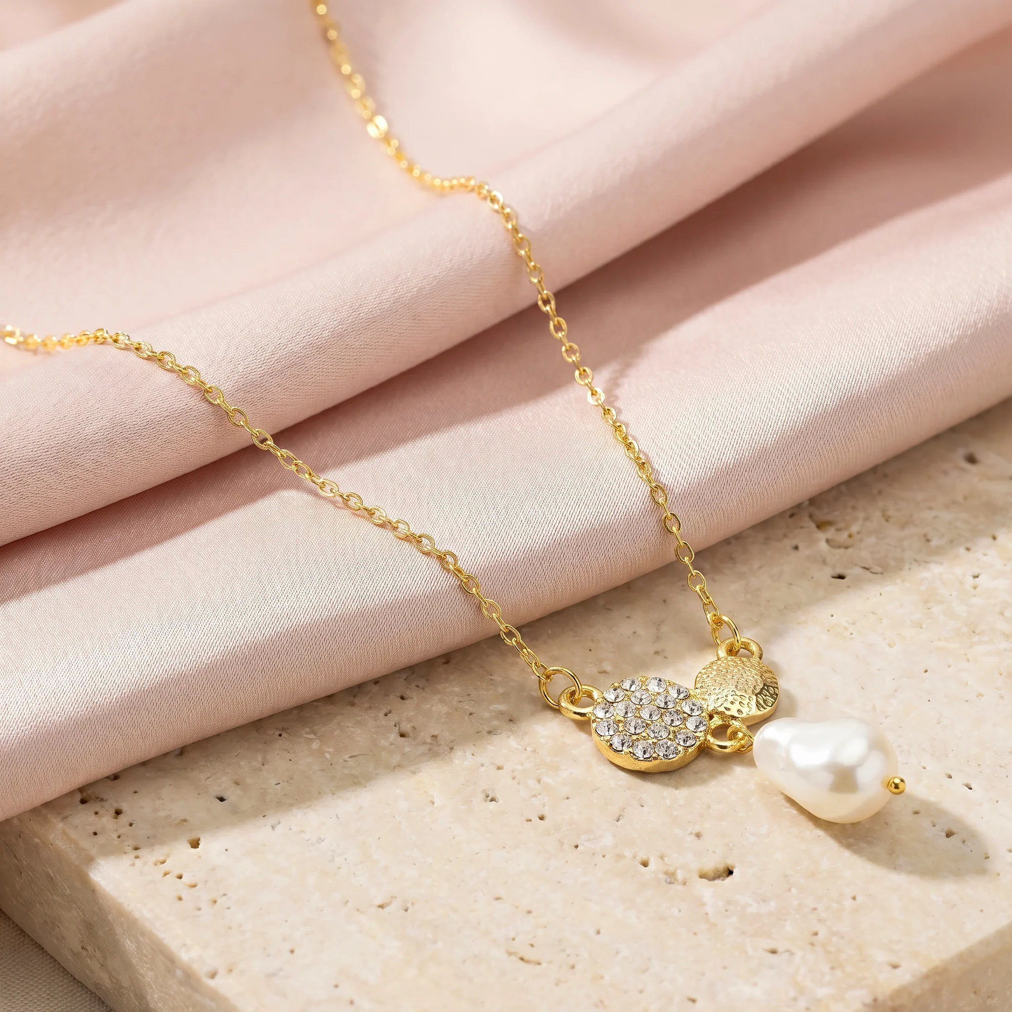 PRAO Necklace Anti-Tarnish Pavé Disc & Drop Pearl - Image 4