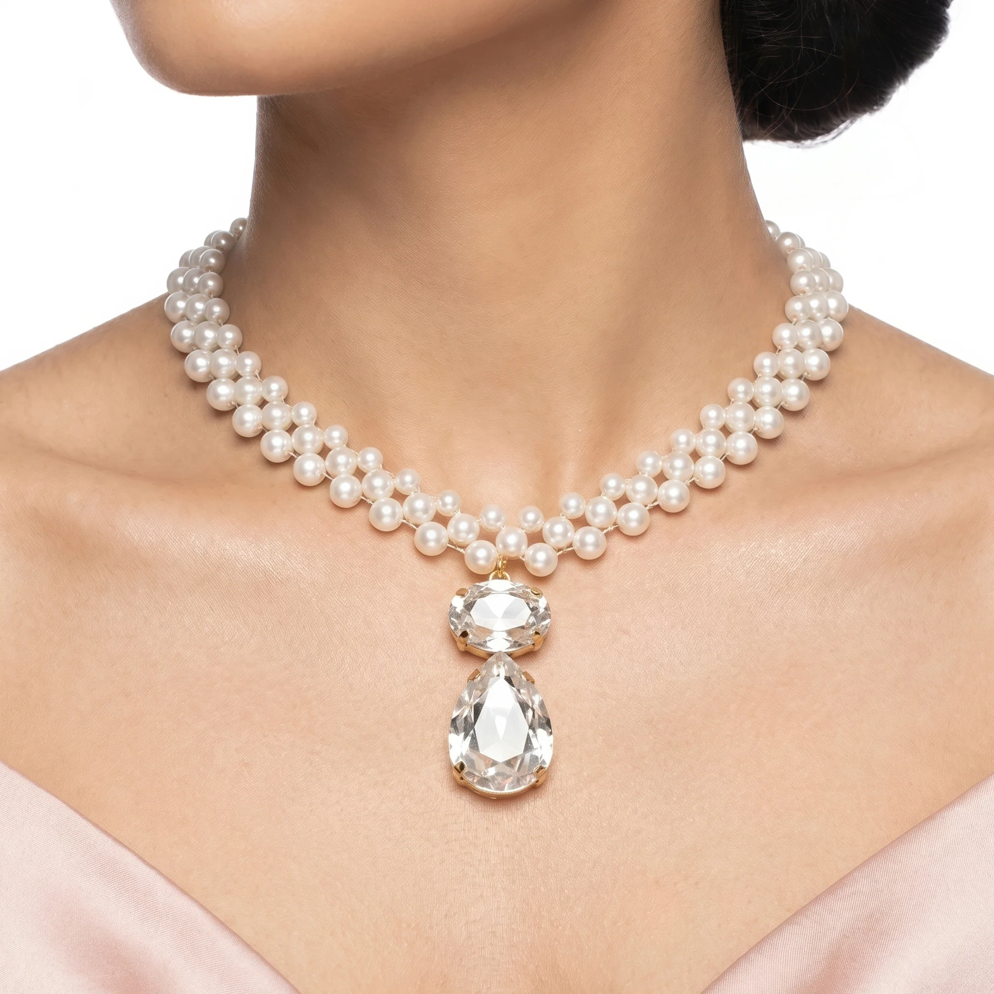 PRAO Necklace Anti-Tarnish Three-Strand Pearl Crystal Set With Earrings - Image 2