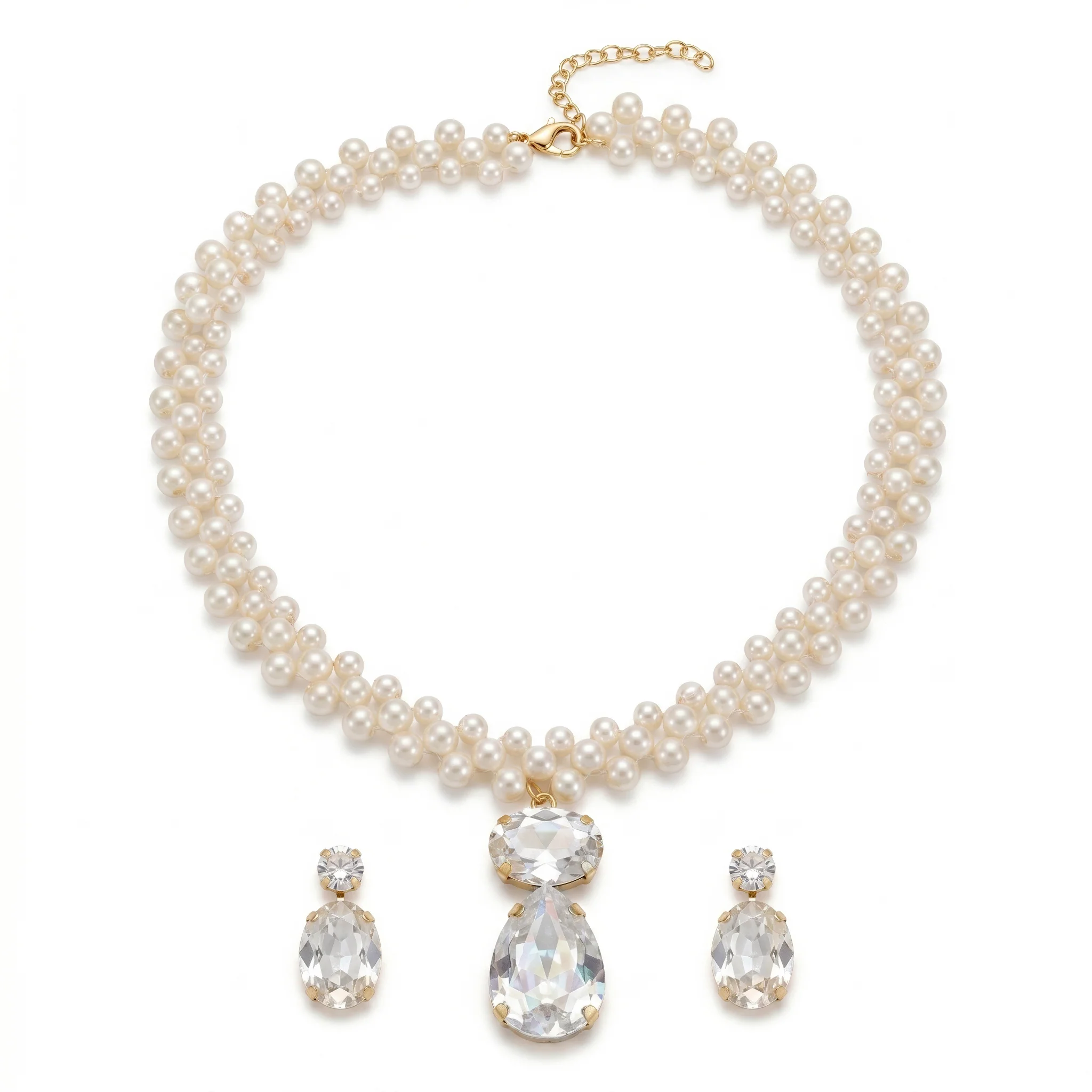 PRAO Necklace Anti-Tarnish Three-Strand Pearl Crystal Set With Earrings - Image 4