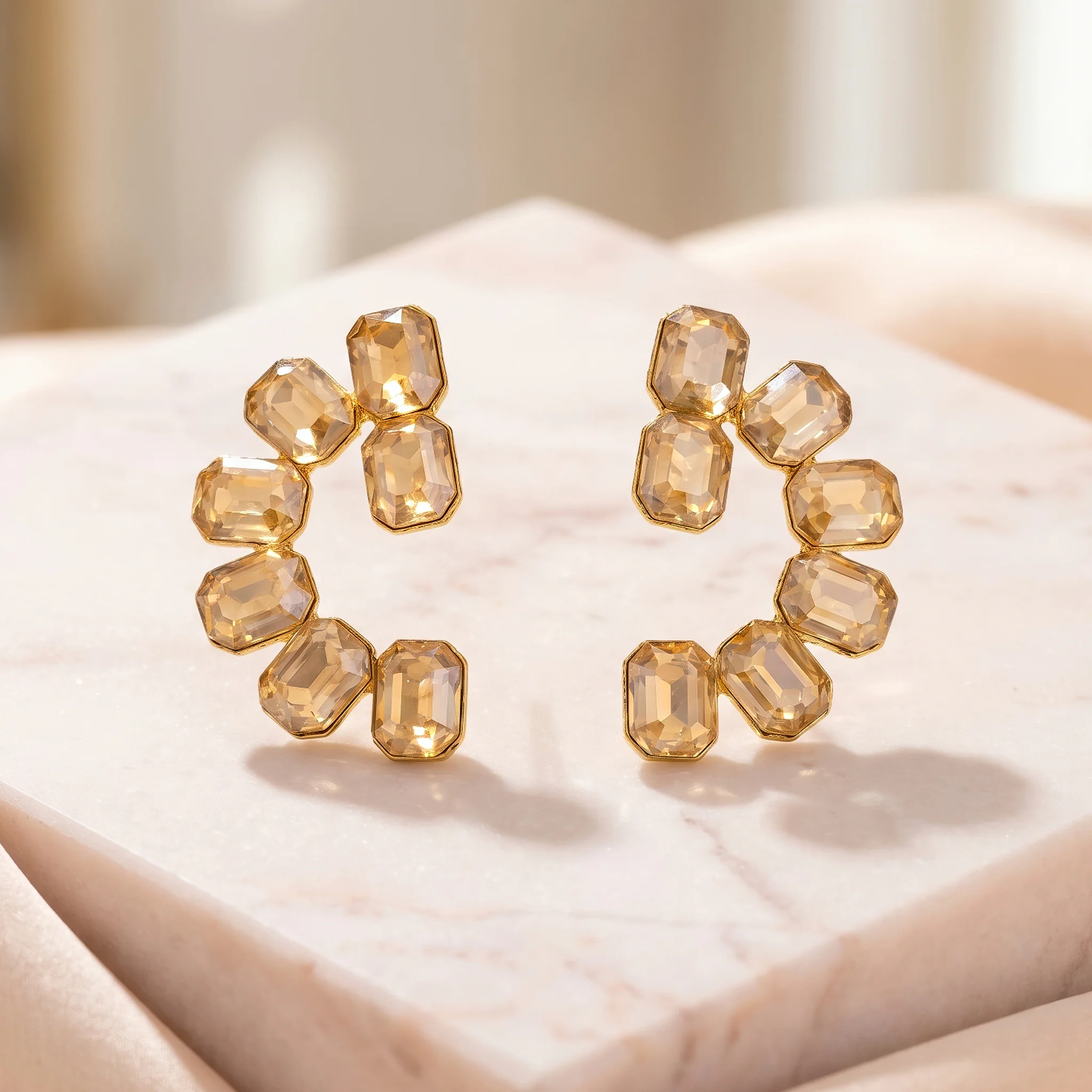 PRAO Earrings Anti-Tarnish C-Shaped Champagne Crystal Studs - Image 4
