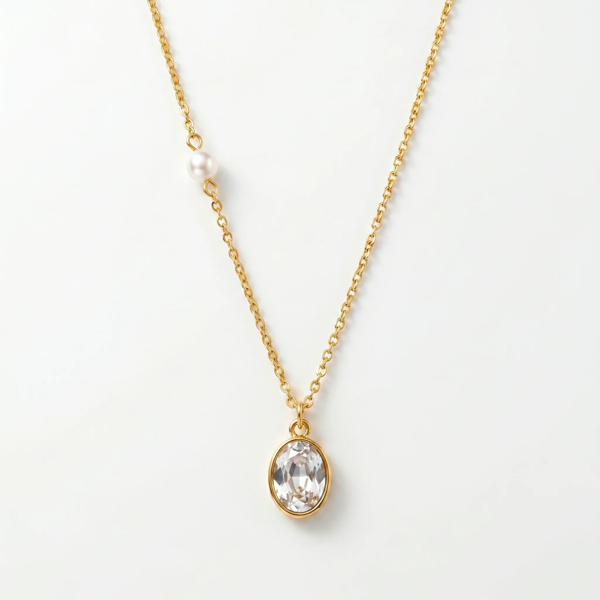 PRAO Necklace Anti-Tarnish Oval Crystal Pendant With Faux Pearl Accent - Image 2