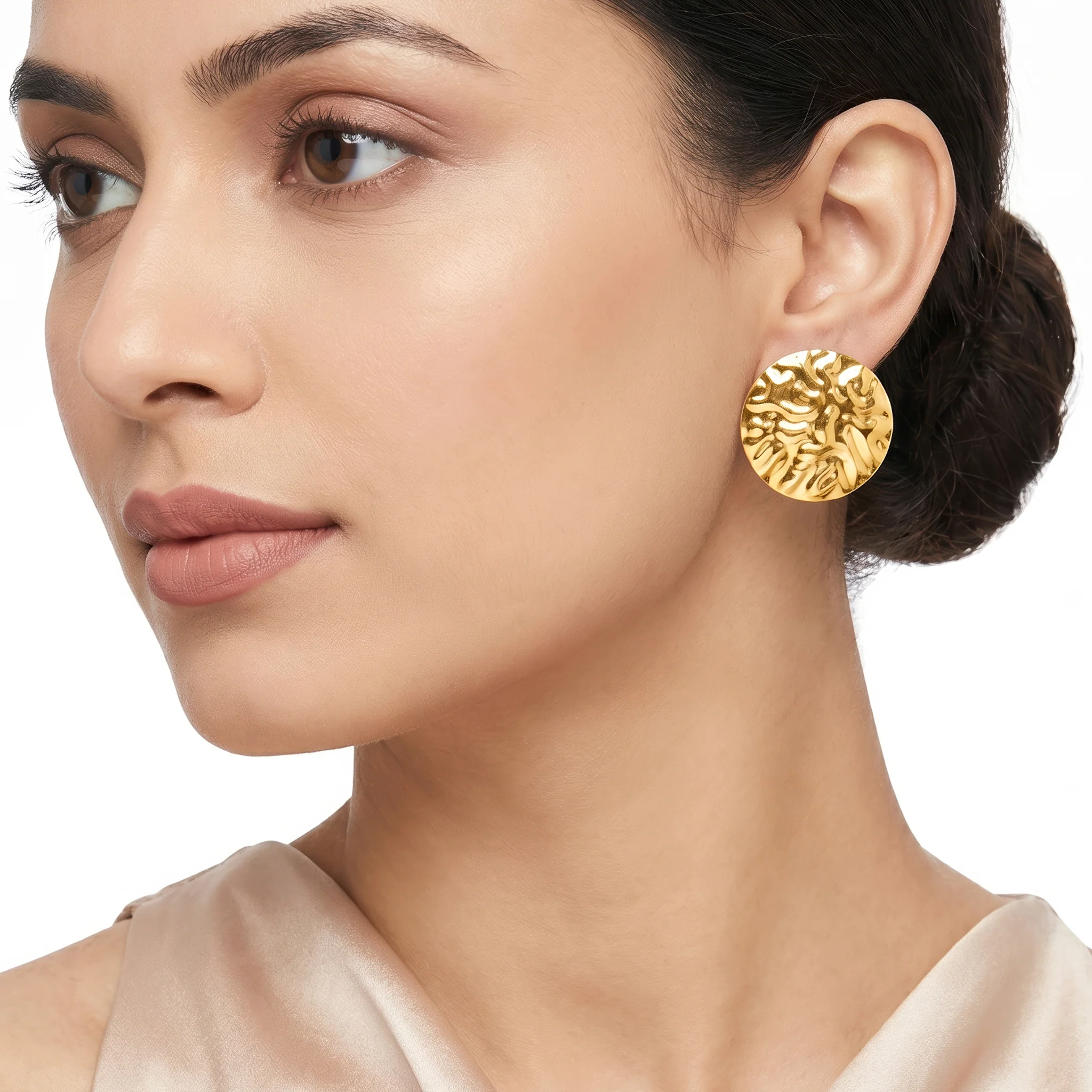 PRAO Earrings Anti-Tarnish Hammered Coin Gold-Plated Statement - Image 2