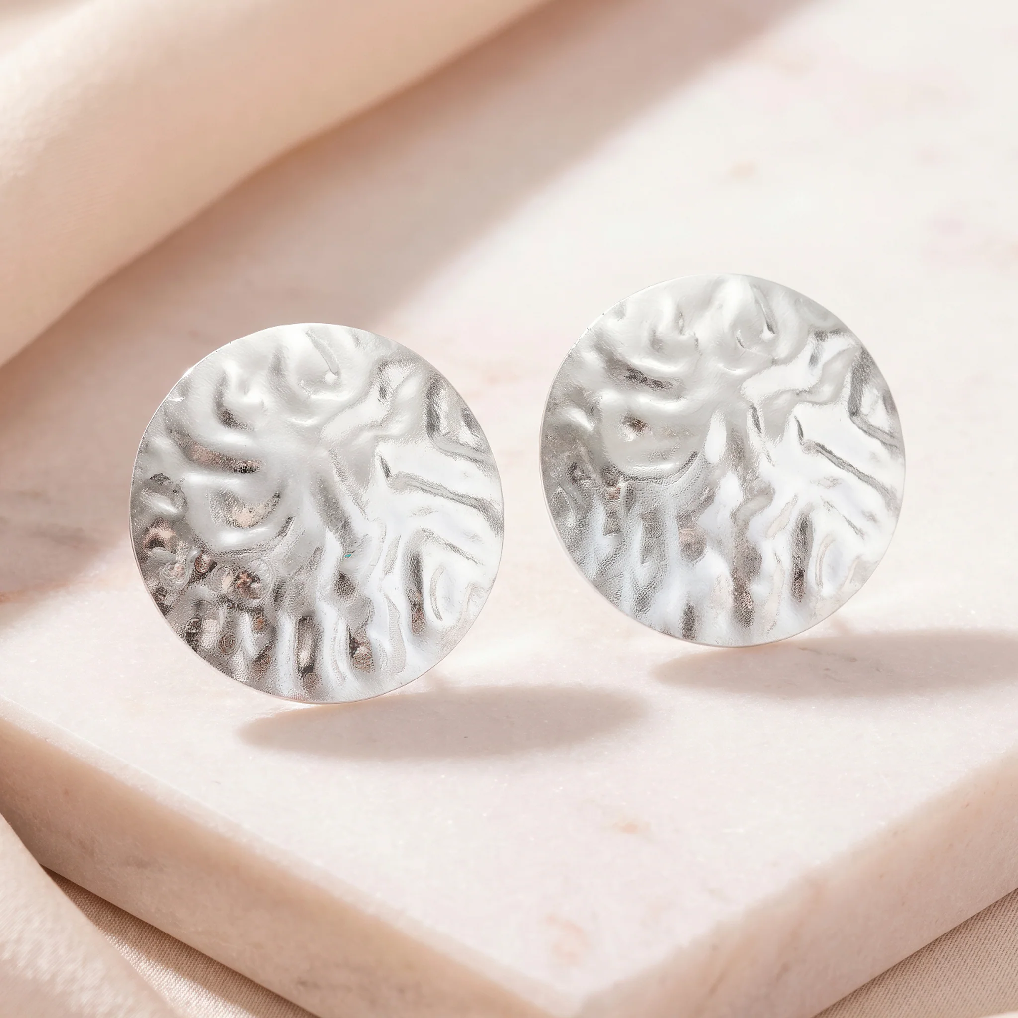 PRAO Earrings Anti-Tarnish Hammered Coin Silver-Plated Statement - Image 4